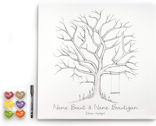 codiarts. personalisierte Leinwand für Fingerabdrücke | Party | Hochzeit | Jubiläum | Geburtstag | als Gästebuch mit Stempelkissen und Stift (Baum mit Schaukel, 50 x 50 cm, Bespannte Leinwand) von codiarts.