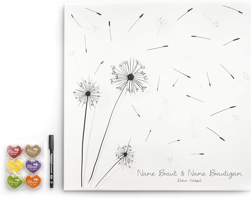 codiarts. personalisierte Leinwand für Fingerabdrücke | 50x50cm | Party | Hochzeit | Jubiläum | Geburtstag | als Gästebuch inkl. Stempelkissen und Stift (Pusteblume, 50 x 50 cm, Bespannte Leinwand) von codiarts.