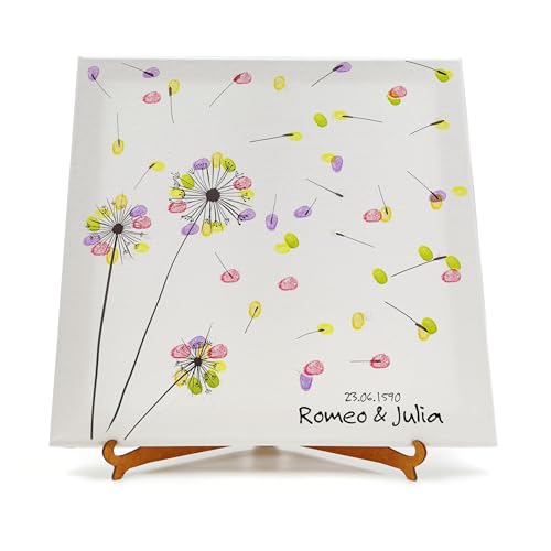 codiarts. personalisierte Leinwand für Fingerabdrücke | 50x50cm | Party | Hochzeit | Jubiläum | Geburtstag | als Gästebuch inkl. Stempelkissen und Stift (Pusteblume, 30 x 30 cm, Bespannte Leinwand) von codiarts.
