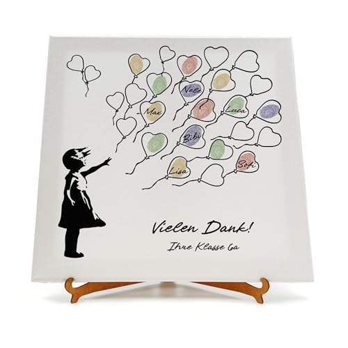 codiarts. personalisierte Leinwand für Fingerabdrücke | Party | Hochzeit | Jubiläum | Geburtstag | als Gästebuch mit Stempelkissen und Stift (Banksy Girl Ballons, 30 x 30 cm, Bespannte Leinwand) von codiarts.