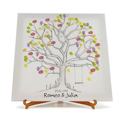 codiarts. personalisierte Leinwand für Fingerabdrücke | Party | Hochzeit | Jubiläum | Geburtstag | als Gästebuch mit Stempelkissen und Stift (Baum mit Schaukel, 30 x 30 cm, Bespannte Leinwand) von codiarts.