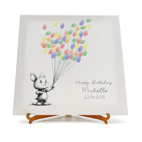 codiarts. personalisierte Leinwand für Fingerabdrücke | Party | Hochzeit | Jubiläum | Geburtstag | als Gästebuch mit Stempelkissen und Stift (Häschen, 30 x 30 cm, Bespannte Leinwand) von codiarts.