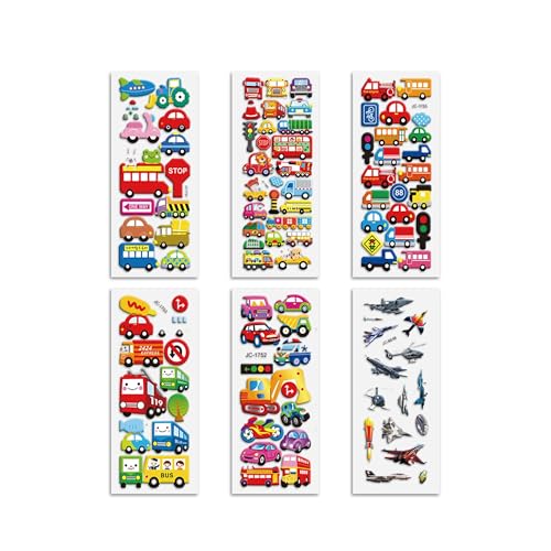 colortouch 3D Aufkleber Autos Set für Kinder, 6 Blätter Verschiedene 3D Geschwollene Stickers, Kinderaufkleber für Lehrer, Jungen, Mädchen, Kleinkinder ink Flugzeuge, Baumaschinen, Schaufeln von colortouch