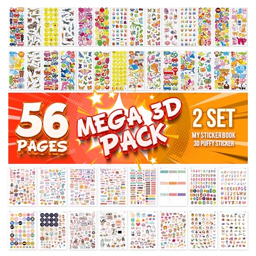 colortouch 3D Sticker Set, 56 Blatt 3D Geschwollene Aufkleber für Kinder, Kinderaufkleber, Stickeralbum - Bullet Journal, Scrabook, Erwachsene, Mädchen, Zahlen, Buchstaben, Tiere, Dinosaurier, Autos von colortouch