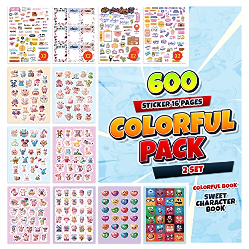 colortouch Colorful Pack Sticker Set, 600 Stück Aufkleber, Sticker Fotoalbum, Scrapbook Zubehör, Stickeralbum für Kinder, Mädchen, Erwachsene, Bullet Journal Sticker für vintage, travel von colortouch