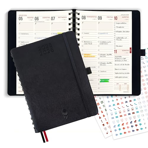 colortouch Terminplaner 2025 2026, Kalender A5, Wochenplaner mit Softcover, Terminkalender Ringbuch auf Deutsch, 30 Minuten-Intervalle Planer, 2 Aukfleber Set, Buchkalender 14 Monate (Juli 25-Aug 26) von colortouch