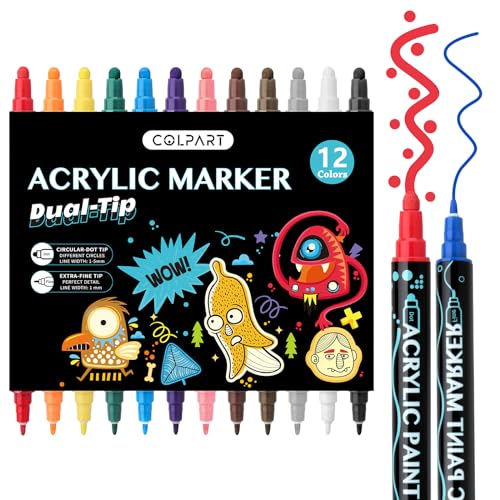 Acrylstifte für Steine Wasserfest 12 Acrylfarben Stifte Bemalen Dual Tip Acrylic Paints Permanent Multimarker Steine Zum Acrylmarker für Holz, Leinwand, Glas, Papier, Keramik von colpart