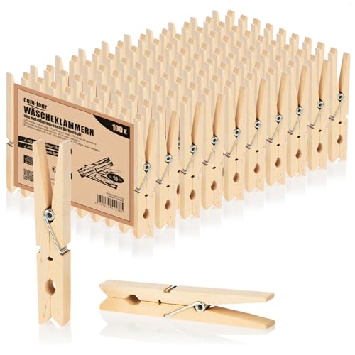 com-four® 100x Wäscheklammern XXL aus Holz - Holzklammern aus Birkenholz - unbehandelte Holzwäscheklammern zum Wäscheaufhängen, ca. 10 cm - robuste Holzklemmen zum Basteln (100 Stück - Birke - XXL) von com-four