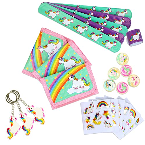 com-four® 24-teiliges Einhorn Party-Geschenk Set - Geldbörse, Schlüsselanhänger, Flummis und Schnapp-Armbänder - Mitgebsel für Geburtstagsfeier [Farbe variiert] von com-four