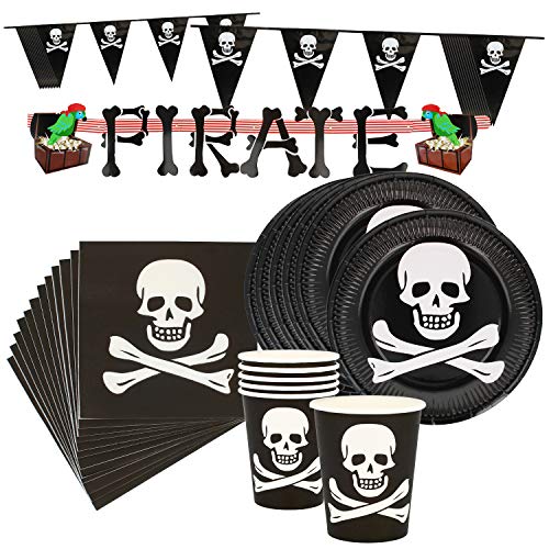 COM-FOUR® 27-teiliges Partygeschirr Set - Teller, Becher, Servietten, Girlanden - für Piratenparty, Kindergeburtstag & Halloween (Partygeschirr - 27-teilig - 6 Gäste) von com-four