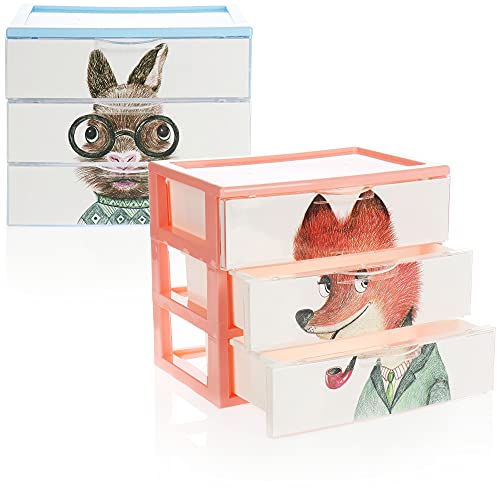 COM-FOUR® 2x Schubladenbox - Kunststoff-Aufbewahrungsbox für Kinder-Spielzeug, Bastelsachen, Stifte - Praktische Sortierbox mit Tier-Motiven [Auswahl variiert] (2 Boxen 3 Fächer 22x15x19) von com-four