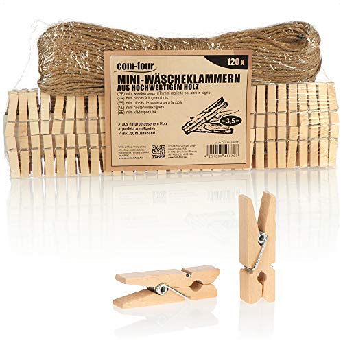 COM-FOUR® 120x Mini-Wäscheklammer und 50 m Juteseil, kleine Holz-Klammer als Dekoration für Bilder, Collagen, Postkarten, Fotos & Geschenke zum Glück (120 Stück - m. Juteband - Natur) von com-four