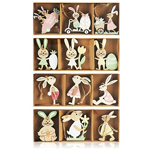 com-four® 12x Dekoaufhänger Hase - Osterschmuck aus Holz zum Aufhängen - Holzaufhänger Hasen zum Dekorieren - Ostern (12 Stück - Osterhasen 2) von com-four