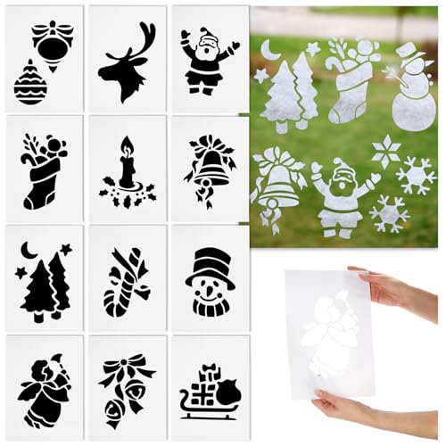 com-four® 12x Weihnachts-Schablonen für Schneespray – Wiederverwendbare Papier-Schablonen mit festlichen Motiven – Sprühschnee Fenster-Deko für Weihnachten [Auswahl variiert] (12x Schablonen) von com-four
