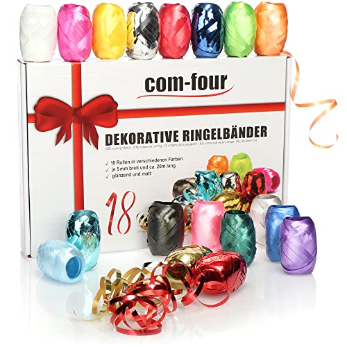 com-four® 18x Ringelband in bunten Farben - 20 m je Rolle - tolles Set Geschenkbänder in Geschenkverpackung - zum Basteln und Verpacken - Polyband für Schleifen und saisonale Deko (Dekorativ) von com-four