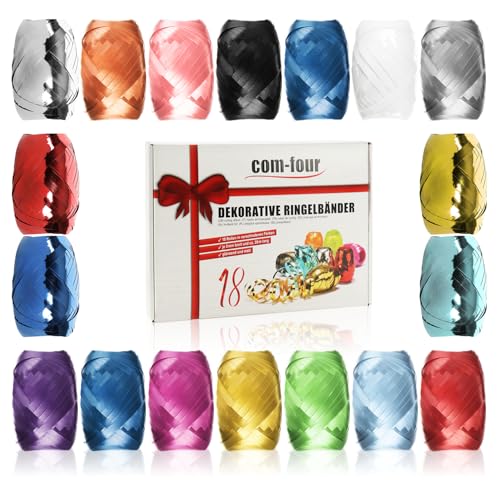 com-four® 18x Ringelband in bunten Farben - 20 m je Rolle - tolles Set Geschenkbänder in Geschenkverpackung - zum Basteln und Verpacken - Polyband für Schleifen und saisonale Deko (Dekorativ) von com-four