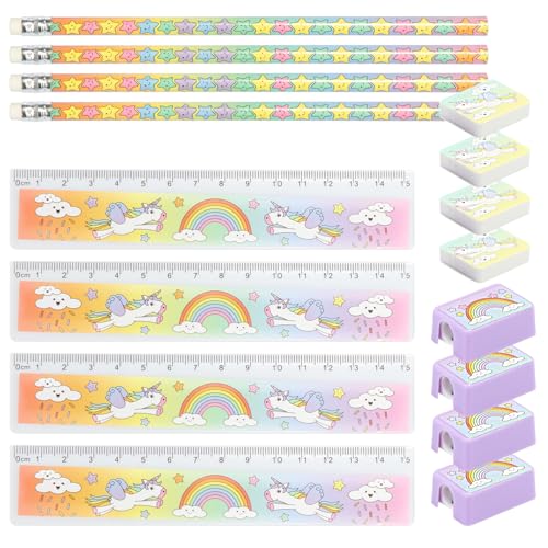 com-four® 24-teiliges Kinder-Schreibset Einhorn - Schulutensilien mit Bleistift, Lineal, Anspitzer und Radiergummi für 6 Kinder - Mitgebsel Schreibwaren für Kindergeburtstag (24-teilig - Einhorn) von com-four