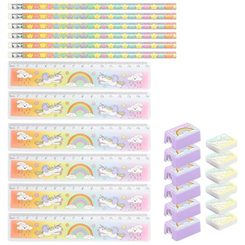com-four® 24-teiliges Kinder-Schreibset Einhorn - Schulutensilien mit Bleistift, Lineal, Anspitzer und Radiergummi für 6 Kinder - Mitgebsel Schreibwaren für Kindergeburtstag (24-teilig - Einhorn) von com-four