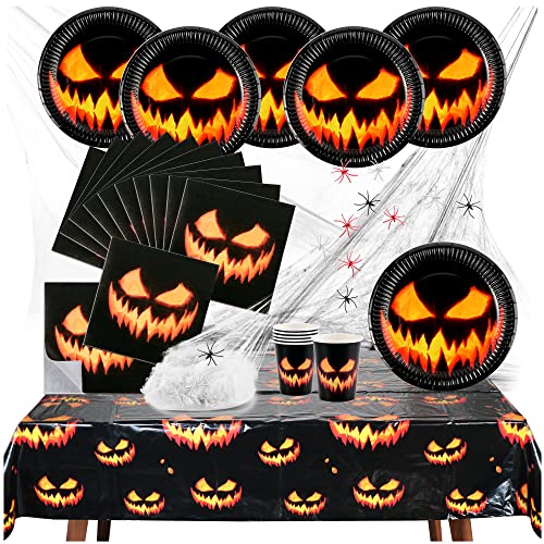 com-four® 26-teiliges Halloween Tischset - Deko-Set mit Spinnennetz, Spinnen, Bechern, Teller, Servietten und Tischtuch für Halloween und Mottoparty [Auswahl variiert] (026-teiliges Tischset Kürbis) von com-four