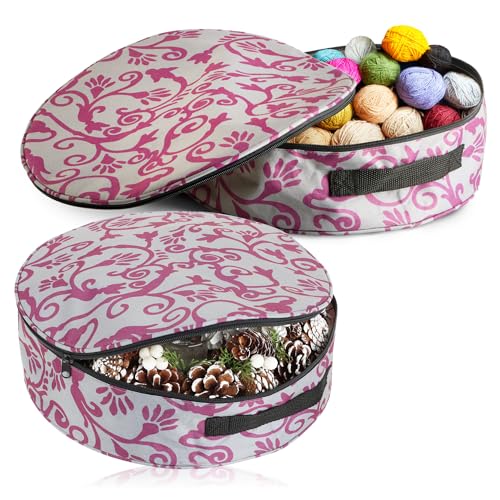 com-four® 2x Aufbewahrungstasche für Kränze, Girlanden, Näh- und Spielzeug - große runde Stoff-Box mit Tragegriff für Weihnachts-, Oster-, Adventsdekoration mit Reißverschluss (2 Stück - grau + lila) von com-four