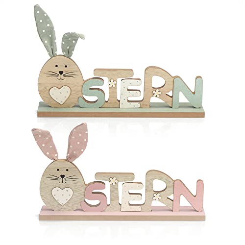 com-four® 2X Deko Aufsteller für Ostern - Schriftzug mit Osterhasen - Osterdeko zum Hinstellen - Osterdekoration aus Holz (02 Stück - rosa/grün) von com-four