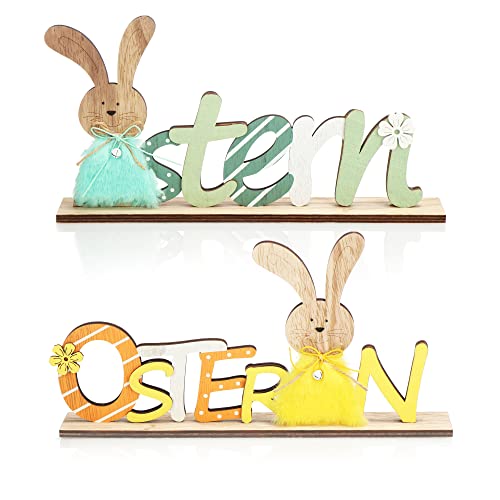 com-four® 2X Deko Aufsteller für Ostern - Schriftzug mit Osterhasen - Osterdeko zum Hinstellen - Osterdekoration aus Holz (02 Stück - türkis/gelb) von com-four