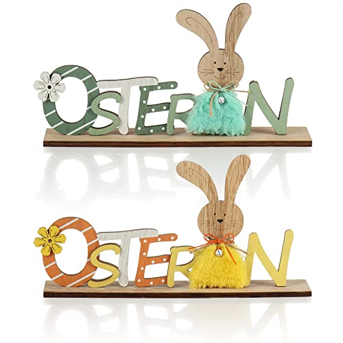 com-four® 2X Deko Aufsteller für Ostern - Schriftzug mit Osterhasen - Osterdeko zum Hinstellen - Osterdekoration aus Holz und Glöckchen (2 Stück - grau/grün/orange) von com-four