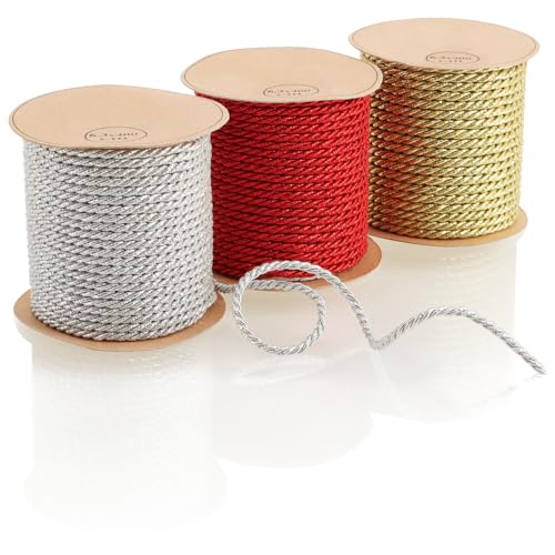 com-four® 3-teiliges Set Dekoband in 3 Farben - weihnachtliches Set Geschenkschnur je 400 cm - Geschenkband zum Basteln und Verpacken - stabile Kordel (3 Stück - Kunststoff - 3 Farben) von com-four