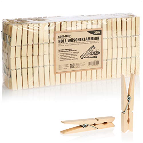 COM-FOUR® 300x Wäscheklammern aus Holz - Nachhaltige Holzklammern aus Birkenholz - unbehandelte Holzwäscheklammern zum Wäscheaufhängen und Basteln (300 Stück - Birkenholz) von com-four