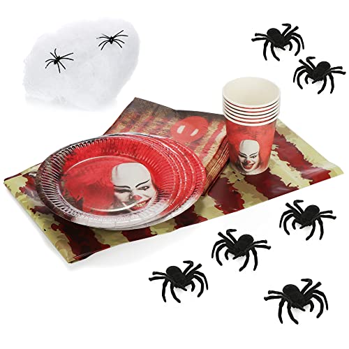 com-four® 34-teiliges Party-Set Horror-Clown - Papp-Teller, Papp-Becher, Servietten, Deko-Spinnen und Spinnennetz - Deko-Set für Halloween, Mottoparty oder Kindergeburtstag (Clown-Set 1-34 Teile) von com-four