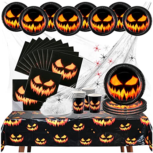 com-four® 38-teiliges Halloween Tischset - Deko-Set mit Spinnennetz, Spinnen, Bechern, Teller, Servietten und Tischtuch für Halloween und Mottoparty [Auswahl variiert] (Kürbis 2 - 38 Teile) von com-four