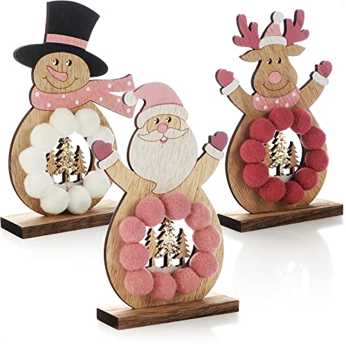 com-four® 3X Holz-Aufsteller für Weihnachten - Rentier, Weihnachtsmann und Schneemann aus Holz zum Hinstellen - Deko Holzfiguren Zierschmuck (Trio - Hellrosa/weiß/rosa) von com-four