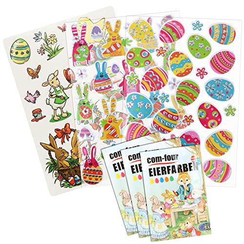 com-four® 3x Oster-Sticker [Auswahl variiert] 3x Eierfarbe zum Färben von Ostereiern - Praktisches Oster-Deko-Set (025x Farbe mit Sticker) von com-four