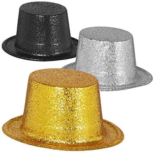 com-four® 3x Silvester Partyhut - Zylinder mit Glitter für Silvester - Kopfbedeckung für Silvester, Karneval, Fasching, Mottoparty (Set05 - Zylinder) von com-four