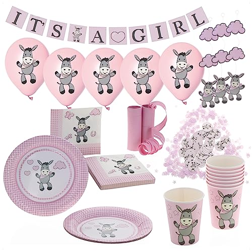 com-four® 47-teiliger Dekorations-Koffer zur Geburt eines Mädchens - Partyzubehör für Willkommensfeier - Set mit Luftballons, Girlande, Konfetti und Papp-Geschirr (047-tlg. Set - rosa) von com-four