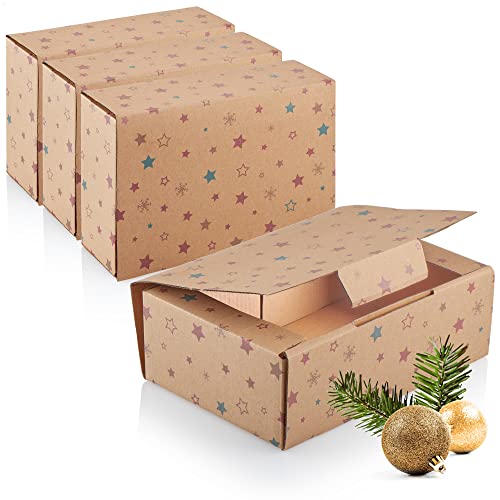 com-four® 4x Geschenkschachtel für Weihnachten - Geschenkboxen mit Weihnachtsmotiven - Faltbox aus stabilen Pappkarton - faltbare Pappbox (4 Stück - braun - Schneeflocke/Sterne) von com-four