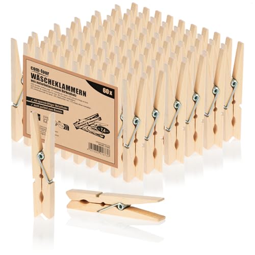 com-four® 60x Wäscheklammern aus Holz - Nachhaltige Holzklammern aus Birkenholz - unbehandelte Holzwäscheklammern zum Wäscheaufhängen und Basteln (060 Stück - Birke) von com-four