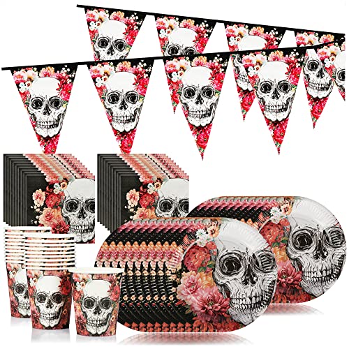 com-four® 61-teiliges Party-Set Dia de los Muertos - Papp-Geschirr, Servietten, Wimpelkette mit Totenkopf für Halloween, Tag der Toten, Mottoparty oder Kindergeburtstag (Set 4-61 Teile) von com-four