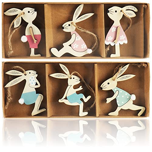 com-four® 6X Dekoaufhänger Hase - Osterschmuck aus Holz zum Aufhängen - Holzaufhänger Hasen zum Dekorieren - Ostern (6 Stück - Osterhasen) von com-four