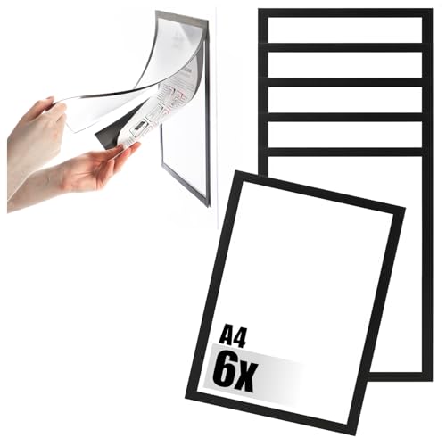 com-four® 6x Magnetrahmen DIN A4 selbstklebend - Dokumentenhalter mit Magnetverschluss - Infotasche für Tür, Fenster, Büro, Praxis & Geschäft (schwarz - 6x) von com-four