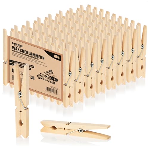 com-four® 80x Wäscheklammern XL aus Holz - Holzklammern aus Birkenholz - unbehandelte Holzwäscheklammern zum Wäscheaufhängen, ca. 9 cm - robuste Holzklemmen zum Basteln (080 Stück - Birke - XL) von com-four