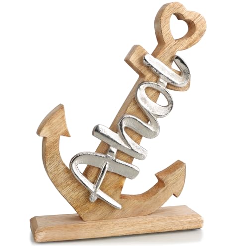 com-four® Deko Aufsteller Anker - Deko Schiffanker aus Holz und Metall - Maritimer Anker mit Schriftzug AHOI zum Hinstellen und Dekorieren (braun/silberfarben Anker AHOI - 1 Stück) von com-four