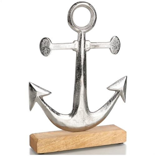 com-four® Deko Aufsteller Anker - Deko Schiffsanker aus Metall auf Mangoholz-Sockel - Maritimer Metall-Anker zum Hinstellen und Dekorieren (silberfarben/braun Anker - 1 Stück) von com-four