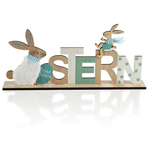 com-four® Deko Aufsteller für Ostern - Schriftzug mit Osterhasen - Niedliche Osterdeko zum Hinstellen - Osterdekoration aus Holz (1 Stück - blau) von com-four