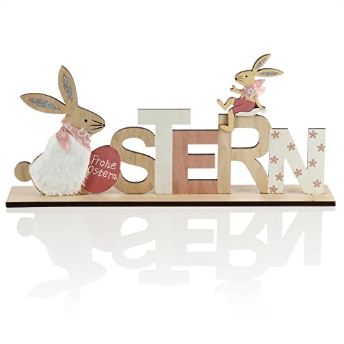 com-four® Deko Aufsteller für Ostern - Schriftzug mit Osterhasen - Niedliche Osterdeko zum Hinstellen - Osterdekoration aus Holz (1 Stück - rosa) von com-four