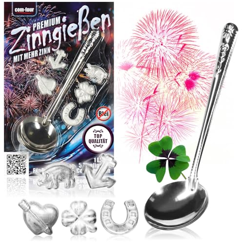 com-four® Zinngießen mit 5 schweren Figuren und 1 Löffel, Silvestergießen das Wahrsagerei-Partyspiel die gesunde Alternative zum Bleigießen (Komfort - 3g - 06-teilig) von com-four