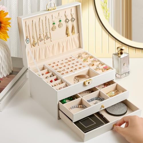 coobest Schmuckkästchen mit 3 Ebenen und 2 Schubladen, große Schmuckschatullen für Frauen mit Samt-Ohrring-Organizer, abschließbare Schmuckschatullen und Organizer, Weihnachtsgeschenke für Frauen coobest Schmuckkästchen mit 3 Ebenen und 2 Schubladen, große Schmuckschatullen für Frauen mit Samt-Ohrring-Organizer, abschließbare Schmuckschatullen und Organizer, Weihnachtsgeschenke für Frauen von coobest