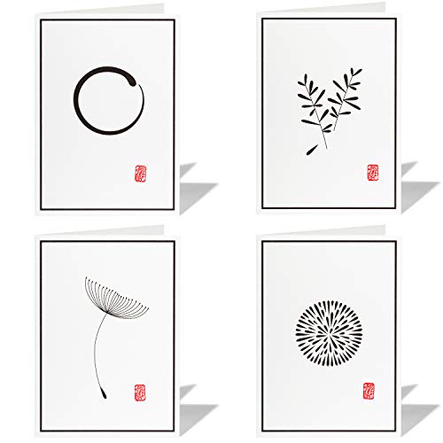 4er Set Trauerkarten mit Umschlag, Klappkarten-Motive: Pusteblume, Zweige, Energie, Enso/moderne Beileidskarten, hochwertige Kondolenzkarten - Stempel (71.7) von corpus delicti