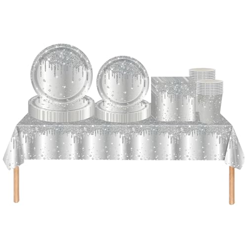 Silber Partygeschirr,69 Stück Silber Glänzender Glitzerdiamant Einweg Geschirr Pappteller Set Tischdecke Papptellern Servietten Bechern Party Geschirr Set für Geburtstag Hochzeit Tischdekoration Silber Partygeschirr,69 Stück Silber Glänzender Glitzerdiamant Einweg Geschirr Pappteller Set Tischdecke Papptellern Servietten Bechern Party Geschirr Set für Geburtstag Hochzeit Tischdekoration von cosoro