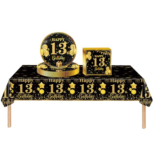 Geburtstag Partygeschirr Tischdecke Pappteller,Servietten(Schwarzes Gold,13th) von cosoro